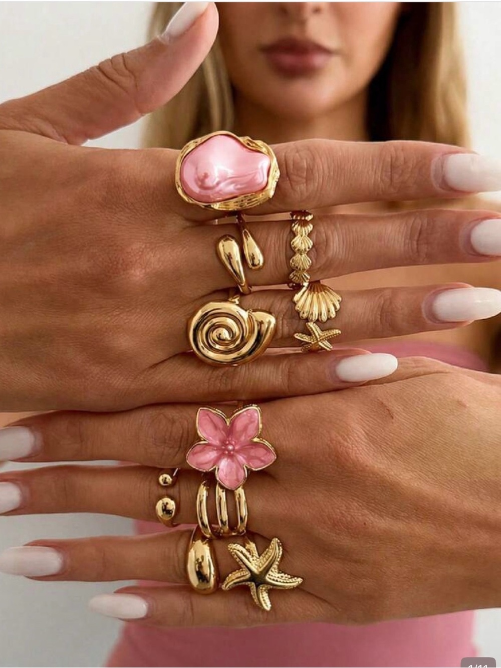 Gold and Pink Floral Shell Stackable Rings - Women Jewelry